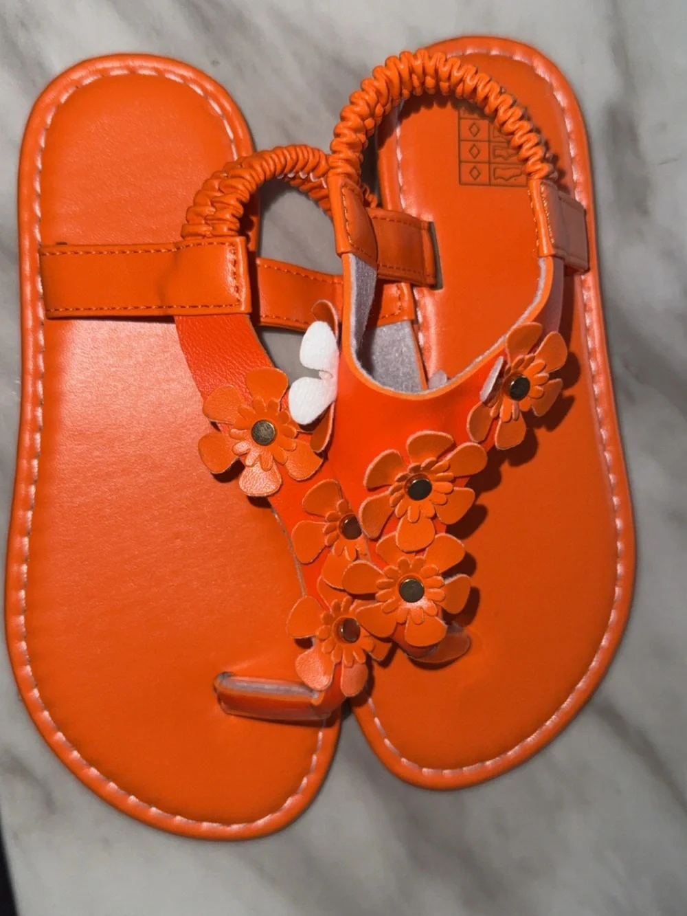 Girls Orange Floral Toe-Ring Sandals with Elastic Heel Strap